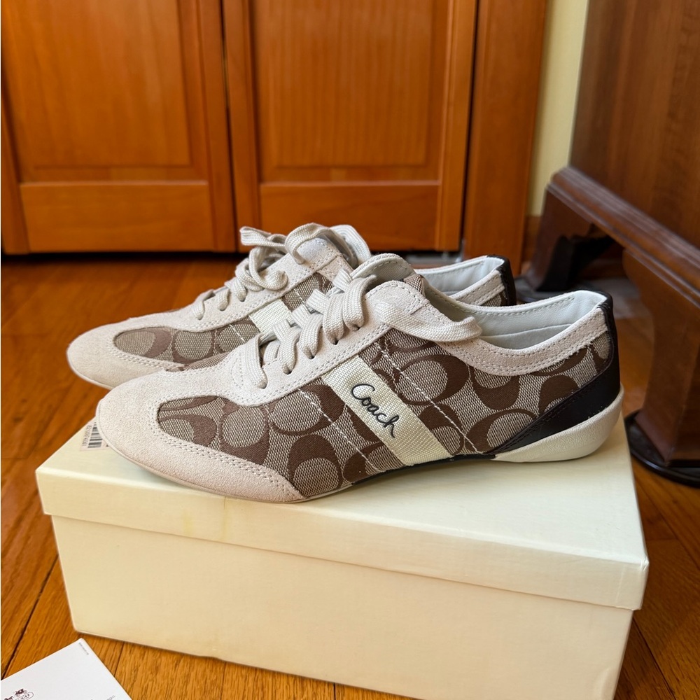 Coach Low-Top Logo Sneakers in Beige and Brown